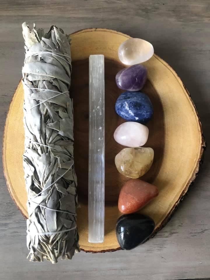 XL White Sage with 7 Chakra crystals and Selenite wand