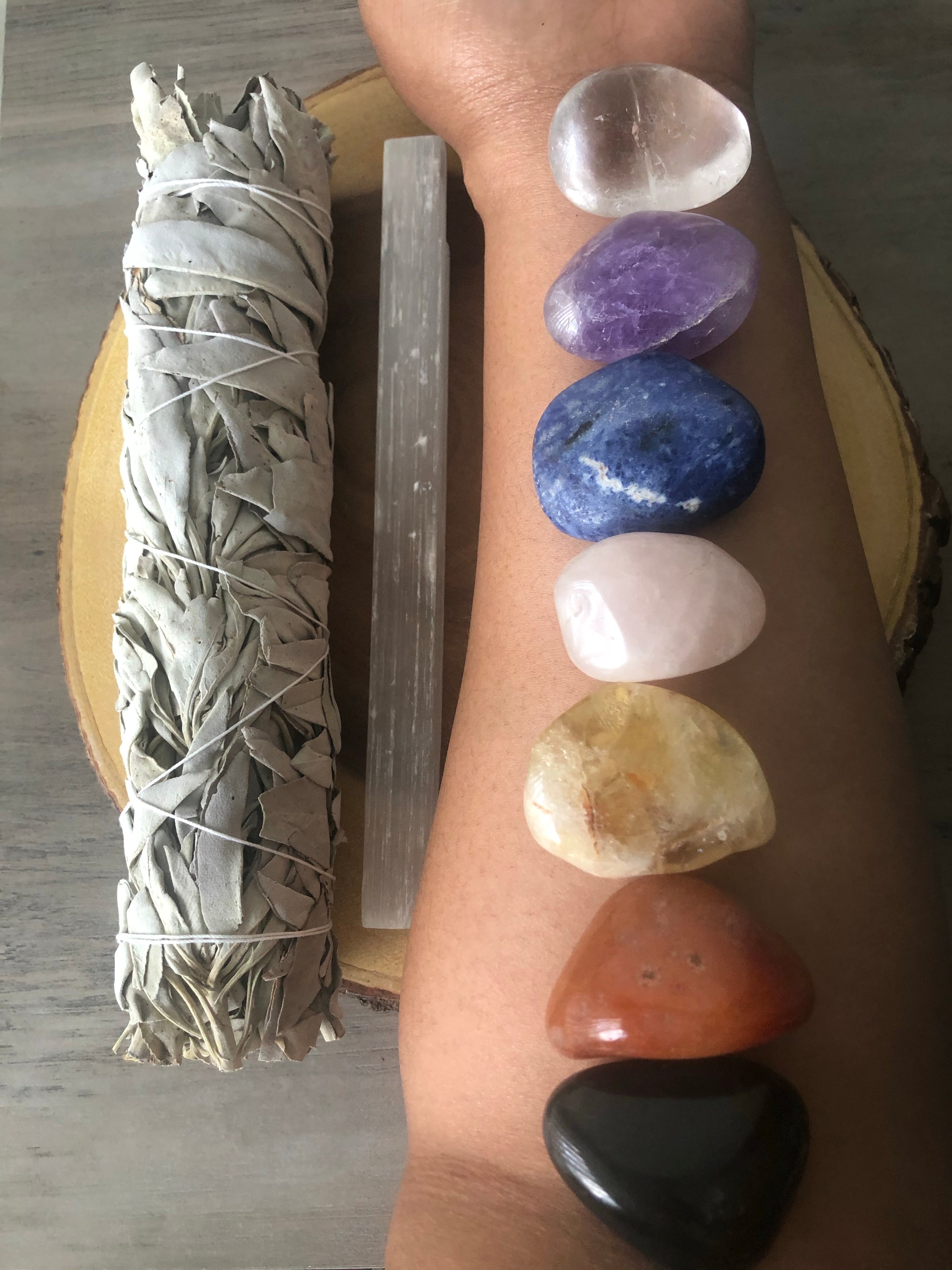 XL White Sage with 7 Chakra crystals and Selenite wand