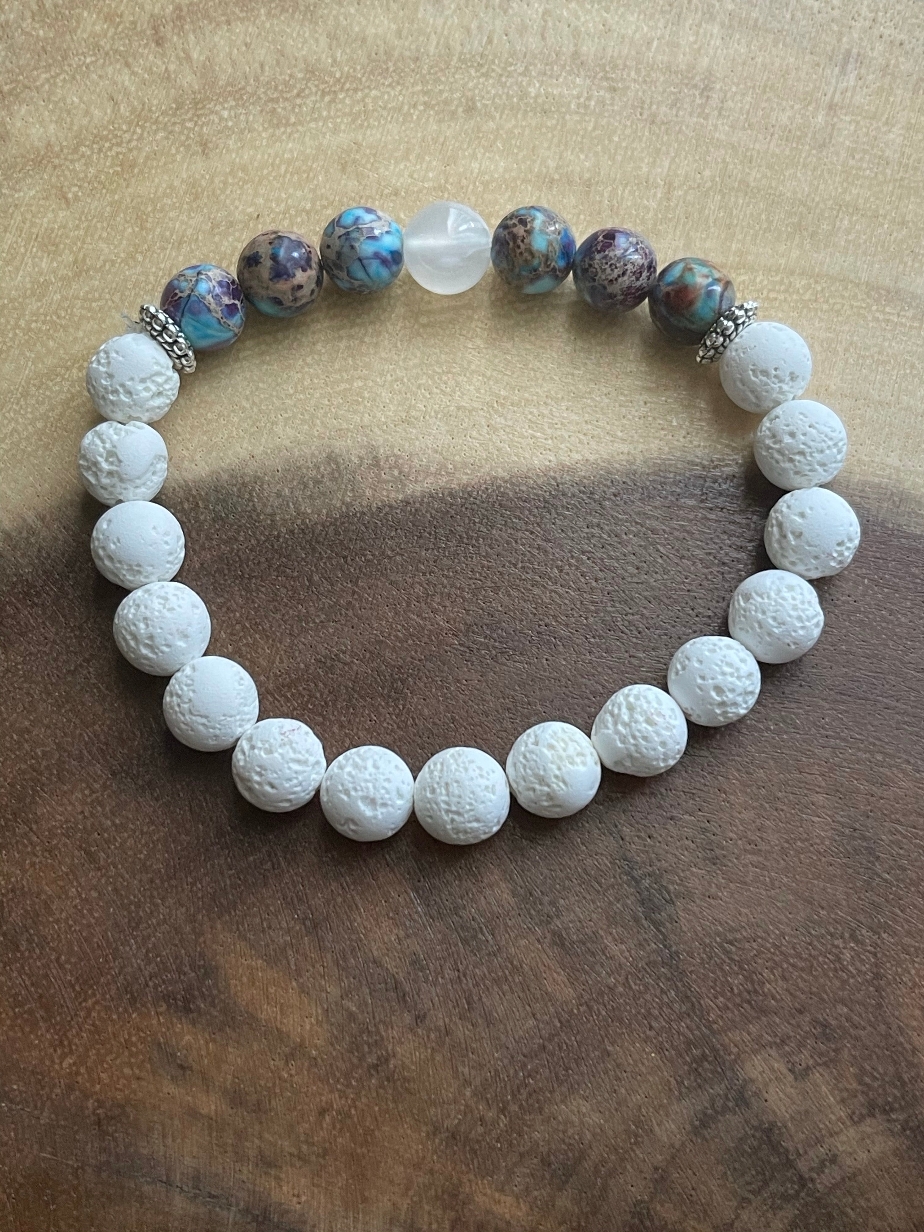 New! Majestic Treasurez handmade Galaxy Sea Sediment Jasper with Selenite White Lava self adjustable bracelet with Selenite